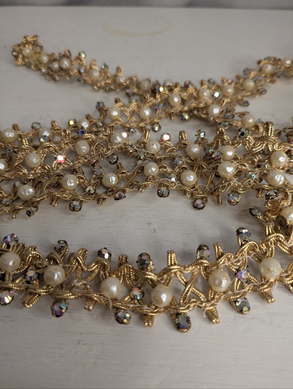 Salvaged Vintage Gold Evening Gown Trim Pearls Rhinestones 3 Pieces